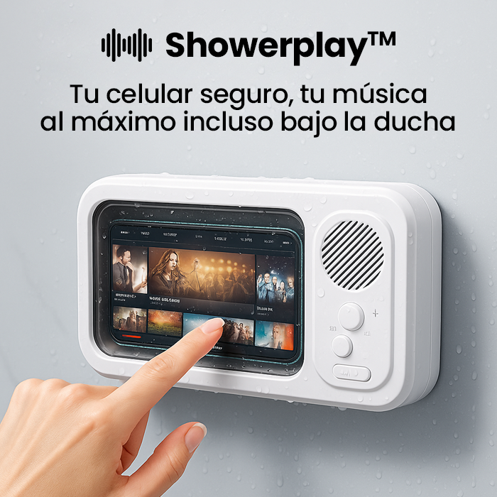 ShowerPlay™ – Soporte impermeable para teléfono con altavoz inalámbrico integrado